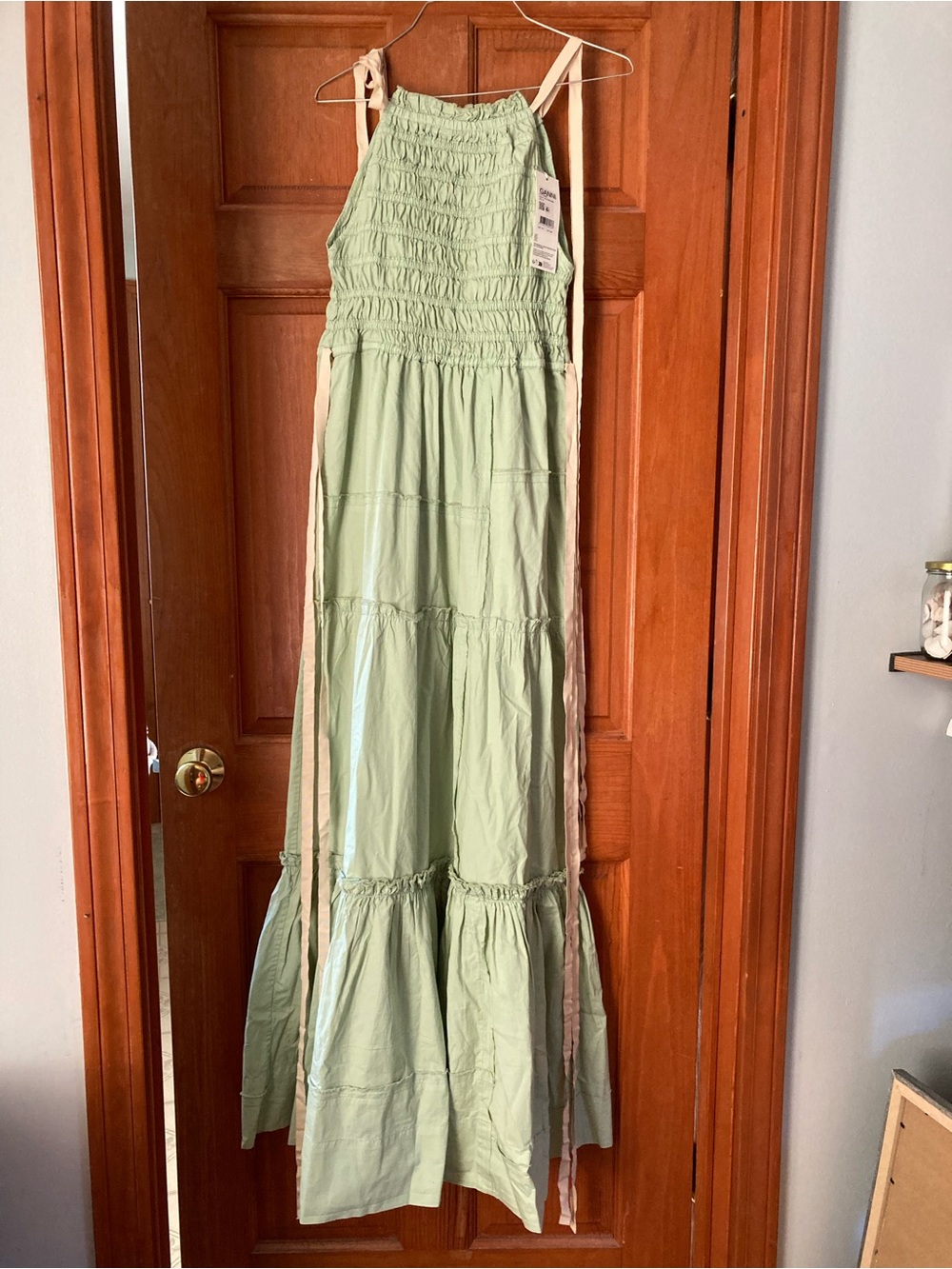 Ganni Sage Green Maxi Dress with Cream Tie Straps
